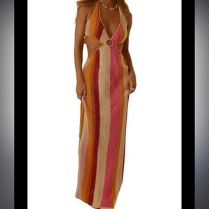 Stripe Crochet Bathing Suit Cover up Maxi Dress